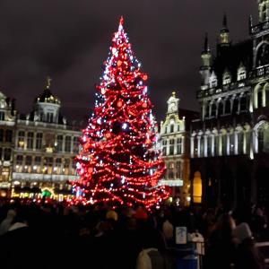 a christmas tree in the middle of a crowd of people at Sleep and Enjoy in Brussels