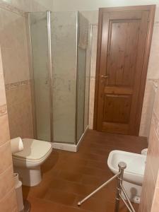 La salle de bains est pourvue de toilettes, d'une douche et d'un lavabo. dans l'établissement La collina su Ascoli, à Ascoli Piceno