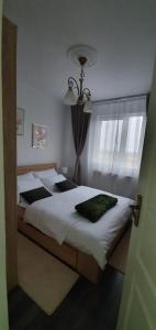 a bedroom with two beds with white sheets and a window at Apartament Thea in Făgăraş