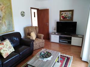 Una sala de estar con un sofá y un televisor. en Harmonia, en Ouzenda