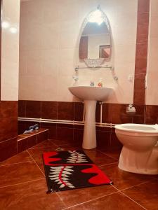 a bathroom with a sink and a toilet and a rug at Casa BOICO in Gura Humorului