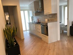 eine Küche mit weißen Schränken und einem Herd mit Backofen in der Unterkunft La Pineta Santa Maria Maggiore Locazione Turistica in Santa Maria Maggiore