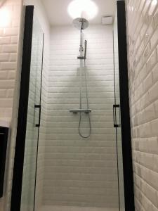 a shower with a glass door in a bathroom at Bienvenue chez l'habitant in Provins