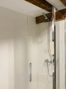 a shower with a glass door in a bathroom at La Moneda Home Spa in Cuenca