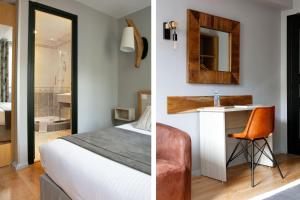 two images of a bedroom with a bed and a mirror at Hotel Le Dauphin in Honfleur