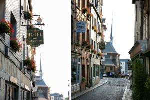 two pictures of an empty street in a city at Hotel Le Dauphin in Honfleur