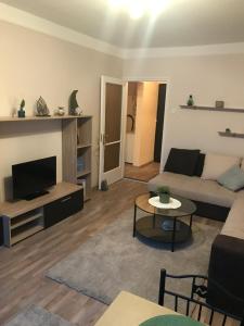 a living room with a couch and a table at Menta apartman in Szolnok