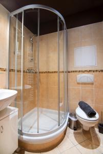 y baño con ducha, aseo y lavamanos. en Pension Půlměsíc, en Jablonec nad Nisou