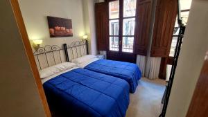 a bedroom with two beds with blue sheets and two windows at Hostal El Olivo in Granada