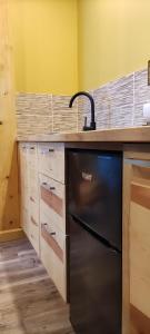 a kitchen with a black dishwasher and a counter at Le Mazel in Saint-Agrève