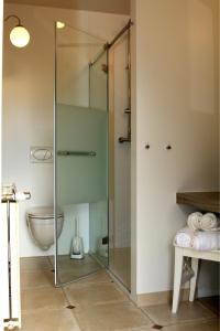 a glass shower in a bathroom with a toilet at Vayamundo Oostende in Ostend