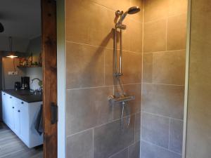 a shower with a shower head in a bathroom at Vakantiehuis Bed en Breakfast in de Tuin in Beilen