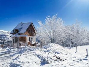une maison recouverte de neige avec des arbres en arrière-plan dans l'établissement Vila Rajski kutak Kopaonik, à Kopaonik