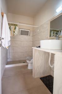 a bathroom with a sink and a shower and a toilet at Stelios Stone House Sinarades in Kouramádes