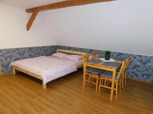 1 dormitorio con 1 cama, mesa y sillas en Apartmány Brychovi en Červený Potok