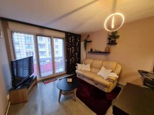 een woonkamer met een bank en een tv bij Chez Romain, appartement proche commerces et centre ville in Verdun-sur-Meuse