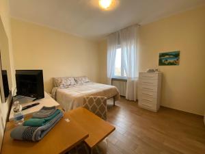 1 dormitorio con 1 cama y escritorio con TV en De Candia House, en Rescaldina