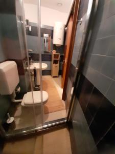 a bathroom with two toilets and a glass door at Appartamento luminoso Crema - parcheggio gratis in Crema +50 photos