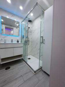 La salle de bains est pourvue d'une douche en verre et d'un lavabo. dans l'établissement Marbella Beach Paseo Marítimo, à Marbella