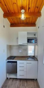 uma cozinha com um fogão e um micro-ondas em La Guanaca em Perito Moreno