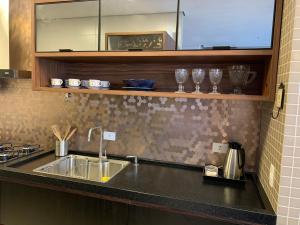 a kitchen counter with a sink and glasses on a shelf at Apartamento Porto Rico in Pôrto Rico +38 photos
