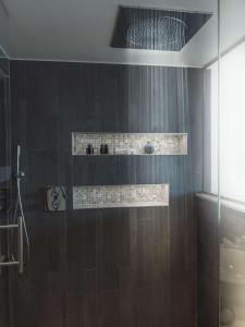 a bathroom with a shower with brown tiles at Radisson Blu Waterfront Hotel, Stockholm in Stockholm