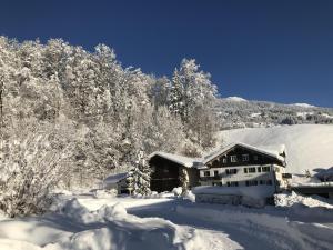 a house covered in snow in front of trees at Gästehaus Ilishof in Schruns