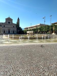 a bird sitting on the ground in front of a fountain at Sul Corso in Avezzano