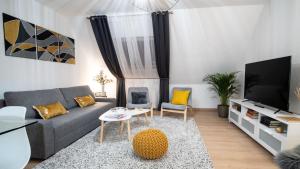 a living room with a couch and a tv at Superbe appartement au coeur du Colmar in Colmar