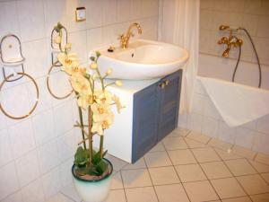 ein Badezimmer mit einem Waschbecken und einer Pflanze daneben in der Unterkunft Elegant-Hotel "Zur Burg" in Posterstein