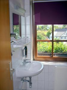 ein Bad mit 2 Waschbecken und einem Fenster in der Unterkunft Elegant-Hotel "Zur Burg" in Posterstein