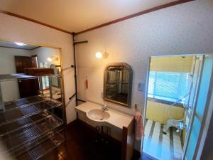 a bathroom with a sink and a shower at Shanshui House 箱館山 in Imazu