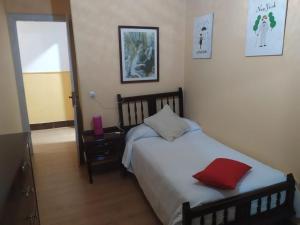 um quarto com uma cama com uma almofada vermelha em Corazón de Ponteareas em Ponteareas