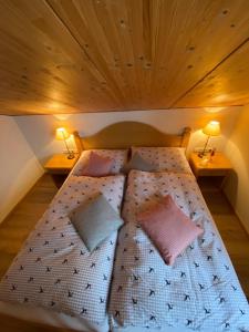 uma cama num quarto com duas lâmpadas em duas mesas em Landhaus Alpenland em Zug