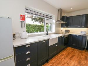 a kitchen with dark blue cabinets and a window at Ger Yr Afon Cottage in Rhayader