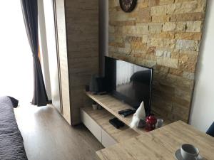 uma sala de estar com televisão e uma parede de tijolos em Snaer Milmari Apartman Kopaonik em Kopaonik