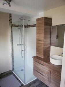 a bathroom with a glass shower and a sink at A l'ombre du ginkgo in Campagne-lès-Hesdin