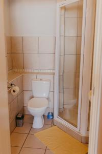 a small bathroom with a toilet and a shower at Lescalier Cabanas 511 in Amanzimtoti