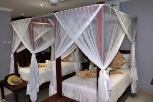 two beds with white drapes in a bedroom at Tlou Safari Lodge in Kasane