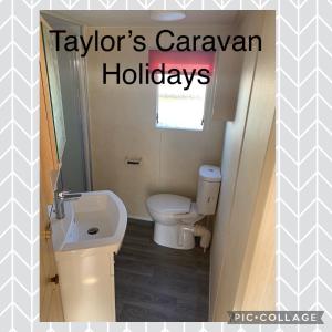 a bathroom with a white toilet and a sink at Taylor's Caravan Holiday's 8 Berth (Coral Beach) in Ingoldmells