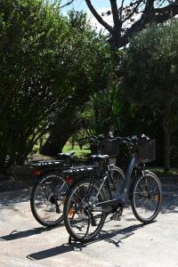 duas bicicletas estacionadas uma ao lado da outra numa rua em Hôtel Pineto em Biguglia