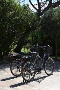 twee fietsen geparkeerd naast elkaar op een straat bij Hôtel Pineto in Biguglia