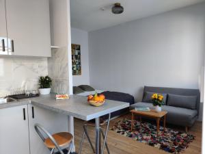 een keuken en een woonkamer met een tafel en een bank bij Studio équipé, grande terrasse, à côté de la gare in Tours