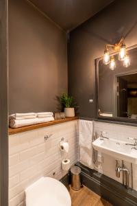 a bathroom with a toilet and a sink and a mirror at The Wolfpack Inn in London