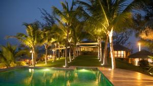ein Swimmingpool vor einem Haus mit Palmen in der Unterkunft Collina Beach in Amontada