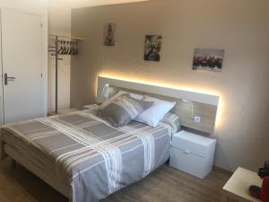 1 dormitorio con 1 cama con luz encendida en L'auberge fleurie, en Heilly