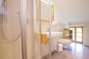 a bathroom with a shower and a toilet and a sink at Haus Benzmühle in Reit im Winkl +20 photos