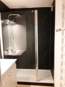 a glass shower in a bathroom with a sink at LES JARDINS DE RAMEL in Luchon