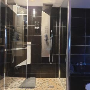 a shower with black tile and a glass door at Les Nuances de Mélis' in Crémieu +2 photos