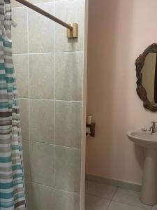 a bathroom with a shower and a sink at Finca Libelulas in Pedasí Town